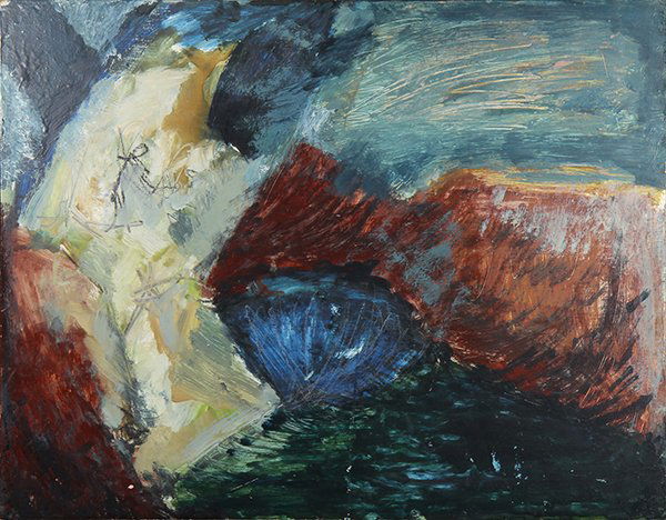 Stephen Mueller (American, 1947-2011), "River in: Stephen Mueller (American, 1947-2011), "River in Flamme," 1982, oil on board, signed, dated, and titled verso, board: 15.75"h x 19.75"w, overall (with frame): 19"h x 23"w