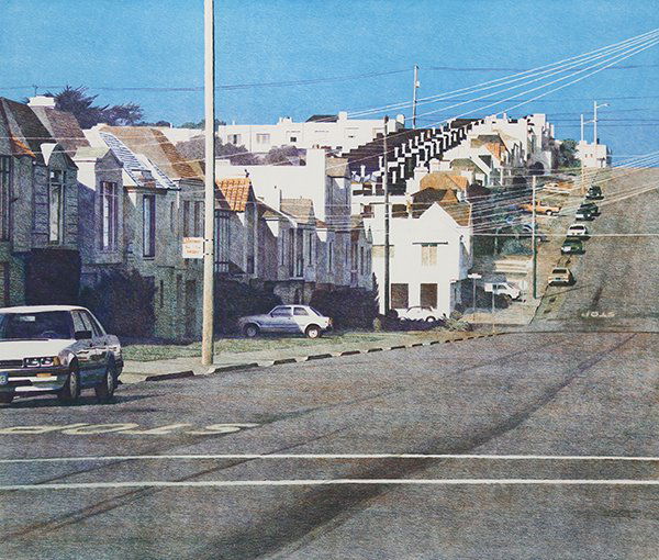 Print, Robert Bechtle, 34th Ave.: Robert Bechtle (American, 1932), "34th Ave.," 1987, color soft ground etching, pencil signed lower right, edition 27/50, published by Crown Point Press (San Francisco, CA), image: 24"h x 28"w, sheet: