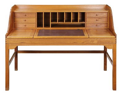 Andreas Hansen teak desk: Andreas Hansen teak desk, manufactured by Form75, Hadsten Denmark, having a fitted superstructure, above a leather writing surface, and rising on square legs, 41.5"h x 57.5"w x 32"d