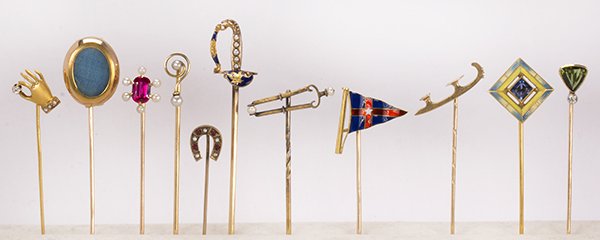 (Lot of 11) Multi-stone, yellow gold stick pins (1 of 3)