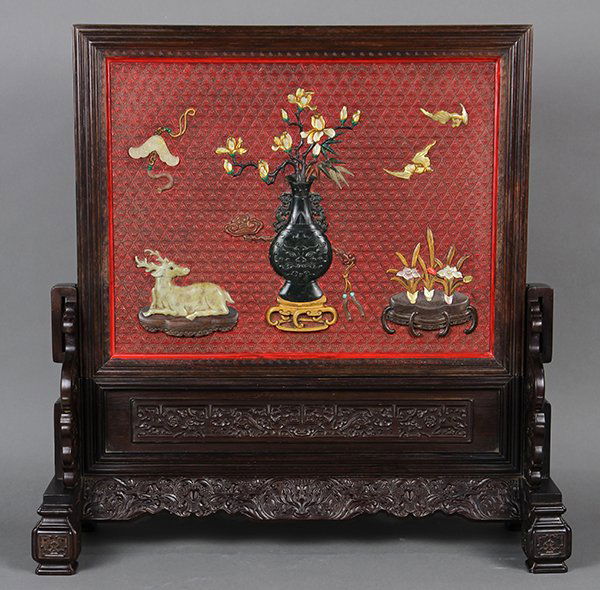 Chinese Stone Overlaid Cinnabar Table Screen (1 of 8)