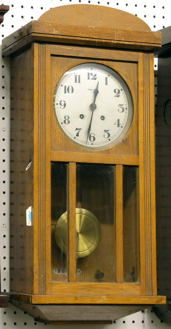 Oak regulator wall clock: Oak wall regulator clock, hour and half hour strike, by Vedette, 28.5''h