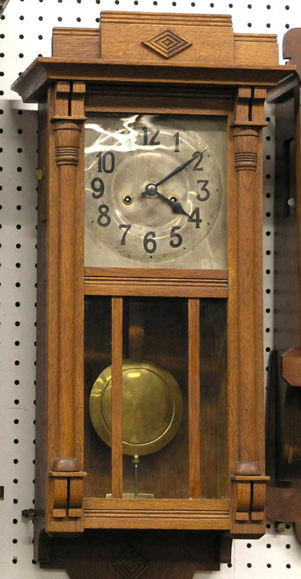 Oak regulator wall clock: Oak regulator wall clock, hour and half hour strike, 28''h