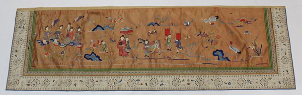 Chinese Silk Valence Cover: Chinese textile valence cover, depicting a procession of an official and the descending of immortals embroidered on a peach ground, 59"w