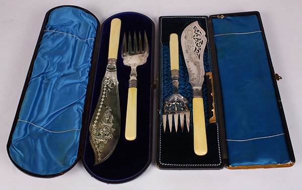 (lot of 6) English silver-plate and bone handled fish: (lot of 6) English silver-plate and bone handled fish servers in tooled leather fitted presentation boxes, one slice bearing Sheffield calligraphic hallmarks, largest: 14.5"l