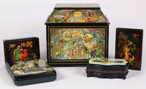 Russian black lacquered boxes, each fronted by (1 of 1)