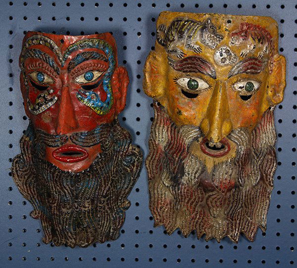 (lot of 2) Mexican wood and fired clay face masks, each (1 of 1)