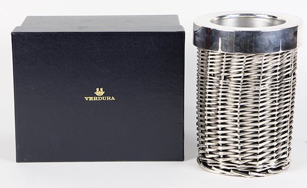Verdura silvered finised modern vase having a polished: Verdura silvered finised modern vase having a polished collar set above a woven cylindrical form, in gift box, 8"h x 6"w