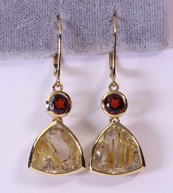 Pair of Rutilated quartz, diamond and 14k yellow gold (1 of 2)