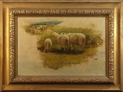 Painting, Aaron Draper Shattuck: Aaron Draper Shattuck (American, 1832-1928), "Sheep in the Field," circa 1870, oil on board, signed lower center, artist label and certificate of provenance (Notary Public State of Florida 1987) affix