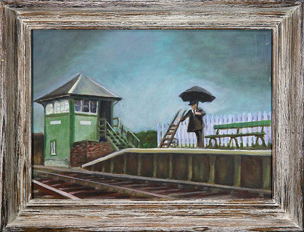 Painting, Man with Umbrella at Train Station (1 of 1)