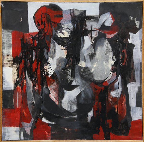 Painting, Abstract Red/Black/Grey: Abstract Red/Black/Grey, acrylic on canvas, signed "Wagner" lower right, overall (with frame): 41"h x 41"w