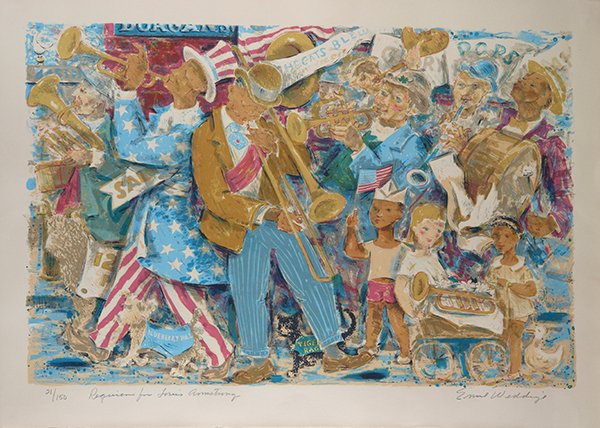 Print, Emil Weddige: Emil Weddige (American, 1907-2001), "Requiem for Louis Armstrong," lithograph in colors, pencil signed lower right, titled lower center, edition 21/150, overall (unframed): 21.5"h x 30"w