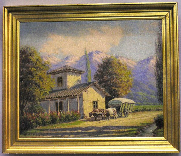 Oil, Alberto Lobos, Latin American: Framed oil on canvas, Village Scene, by Alberto Lobos (Chilean 1891-1925), signed ''Albrto Lobos'' lower left, sight: 18''H x 22''W