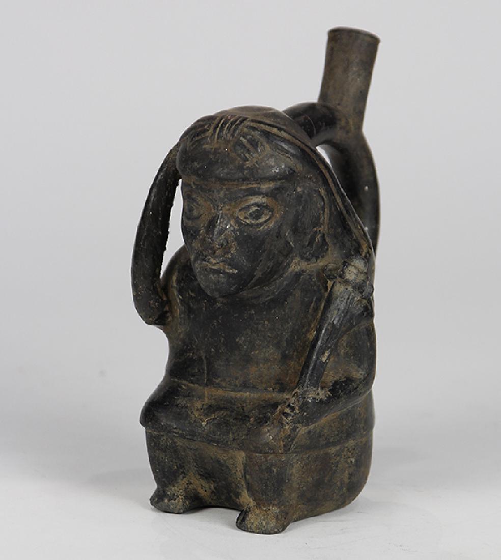 Pre-Columbian Chimu blackware spout stirrup vessel, (1 of 5)