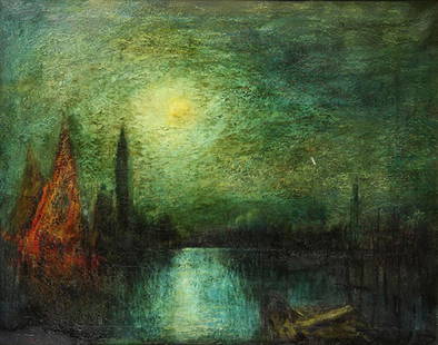 Painting, George Henry Bogert: George Henry Bogert (American, 1864-1944), Moonlight, Venice, oil on canvas, signed lower left, canvas: 28"h x 36"w, overall (with frame): 38"h x 46"w