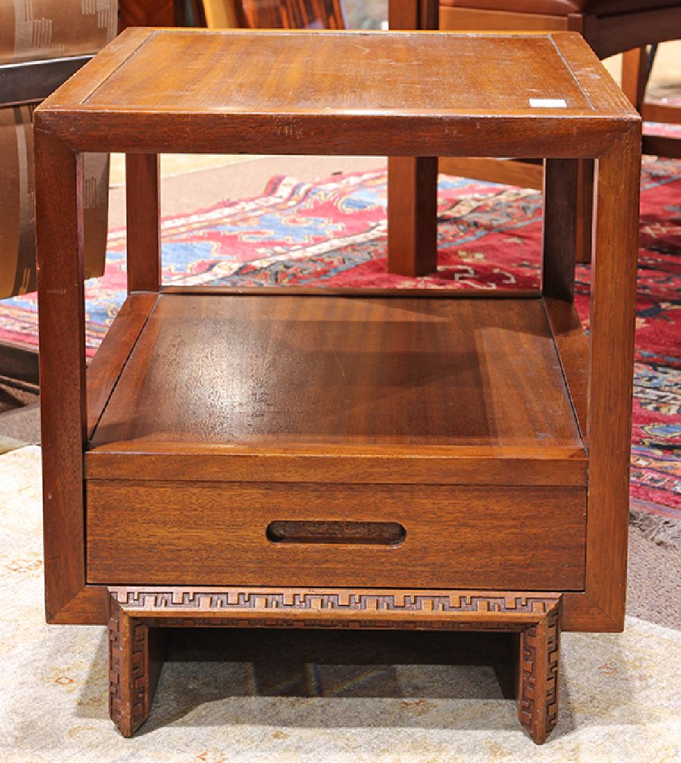 Frank Lloyd Wright for Heritage Henredon 'Taliesin' end: Frank Lloyd Wright for Heritage Henredon 'Taliesin' end table, having a rectangular top, above a lower tier with a single drawer, the base and legs having Taliesin designs, 23"h x 21"w x 27"d