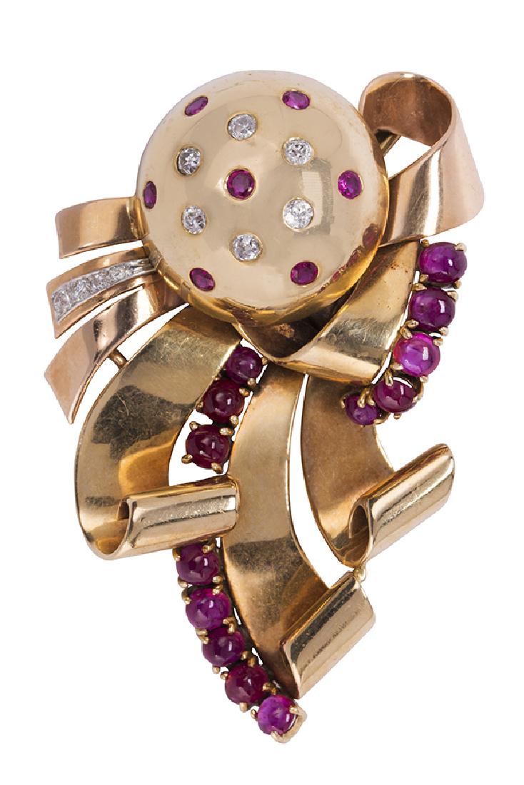 Retro ruby, diamond and 14k yellow gold brooch (1 of 3)