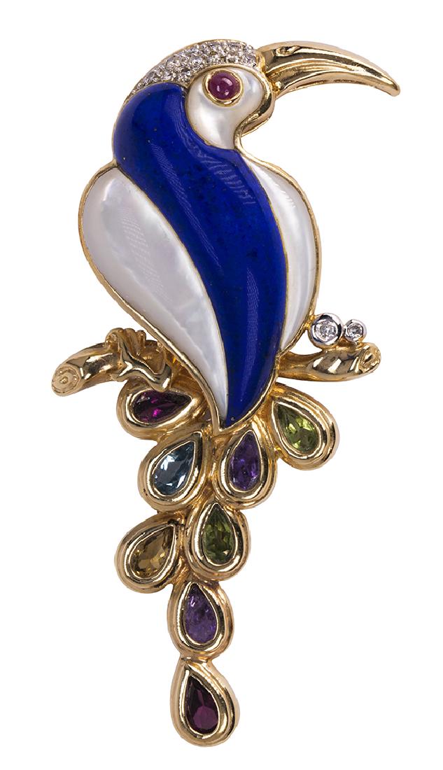 Multi-stone, diamond and 14k yellow gold bird brooch (1 of 3)