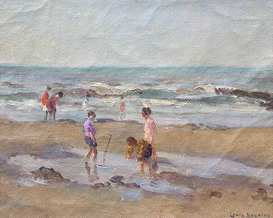 Painting, Louis Soonius: Louis Soonius (Dutch, 1883-1956), Figures on a Beach, oil on canvas (no stretcher bars), signed lower right, sight: 8"h x 10"w, overall (with frame): 11.25"h x 12.75"w