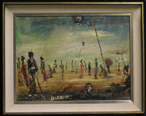 Oil Japanese Festival Cucaro Californian: Framed oil on board, Japanese Festival, by Pascal Cucaro (Californian 1915-2004), signed lower left, overall: 23''H x 29''W
