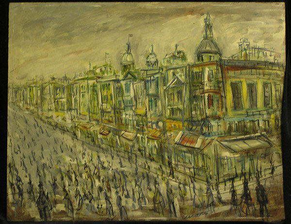 Oil Cityscape Pascal Cucaro American: Unframed oil on Masonite, Cityscape, by Pascal Cucaro (American 1915-2004), signed lower center, overall: 24''H x 30''W