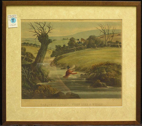 Print Engraving Hunt British Antique: (lot of 3) Framed handcolored engravings, two by E. Duncan after J. Ferneley: ''Taking it Coolly, Very like a Whale'' and ''Yooi Over He Goes!'' from the ''Hunting Recollections'' series, overall: 17'