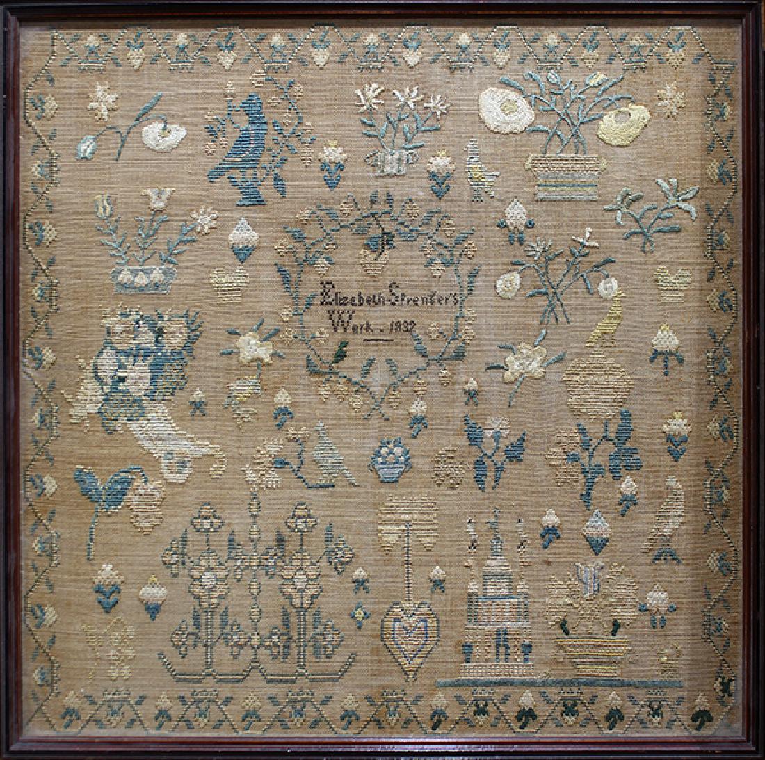 British silk on wool canvas sampler, 19th Century, (1 of 3)