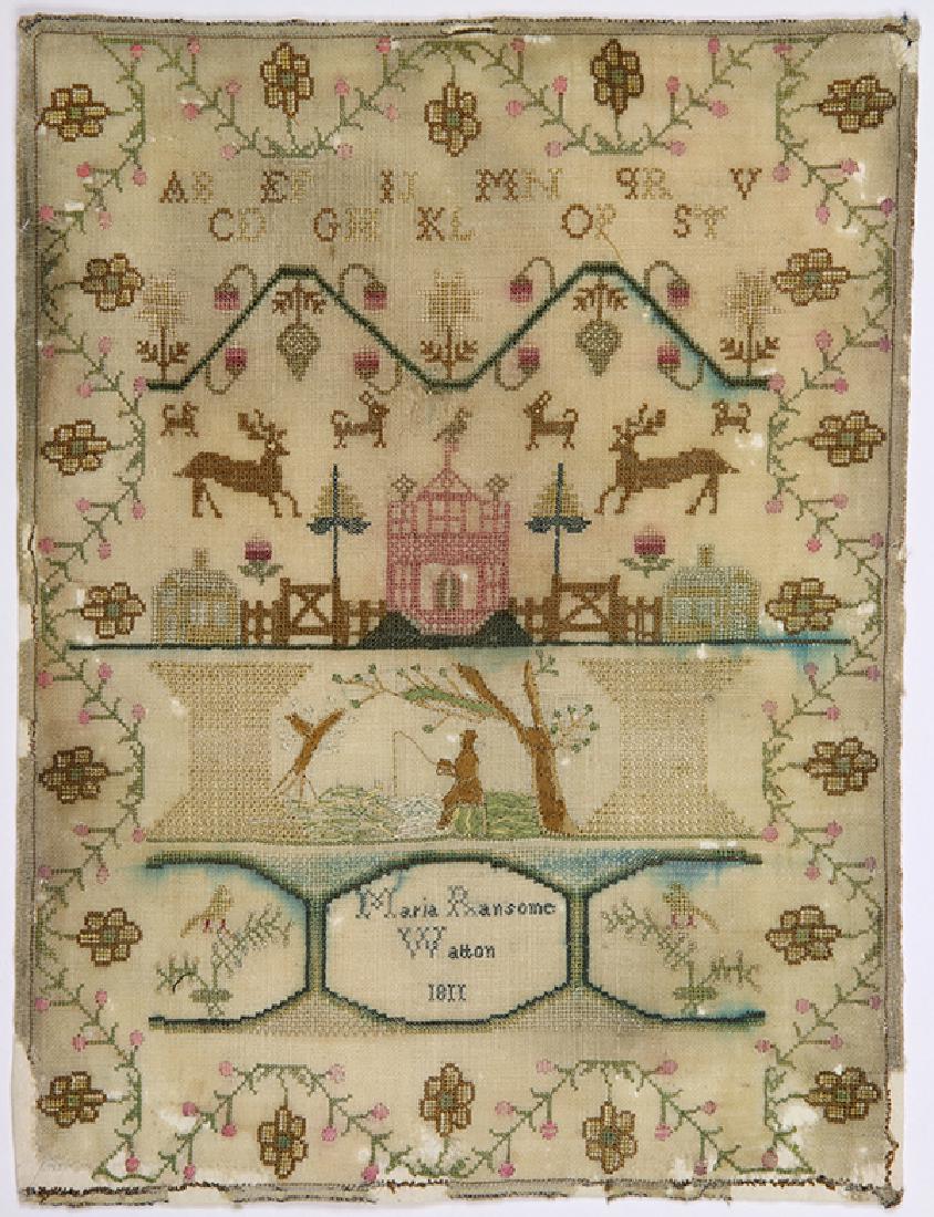 British silk on wool canvas sampler dated 1811, and (1 of 5)