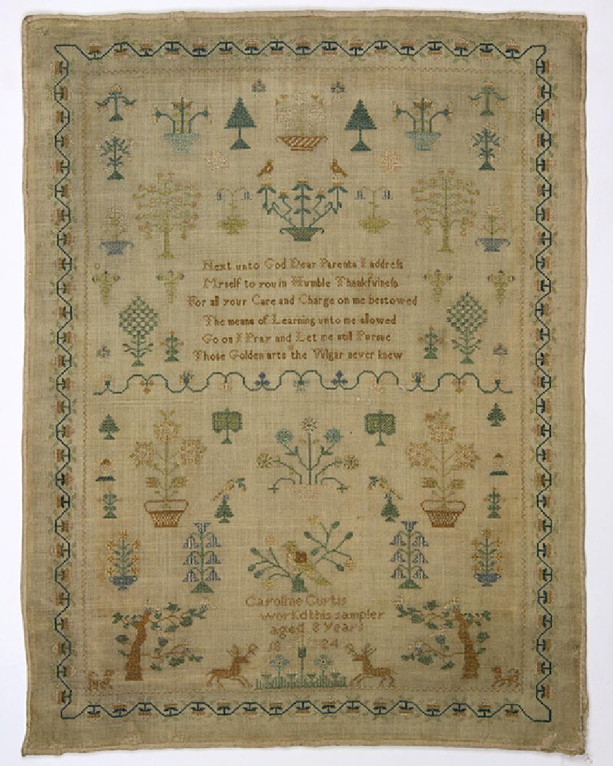 British silk on wool canvas sampler dated 1824, and (1 of 5)