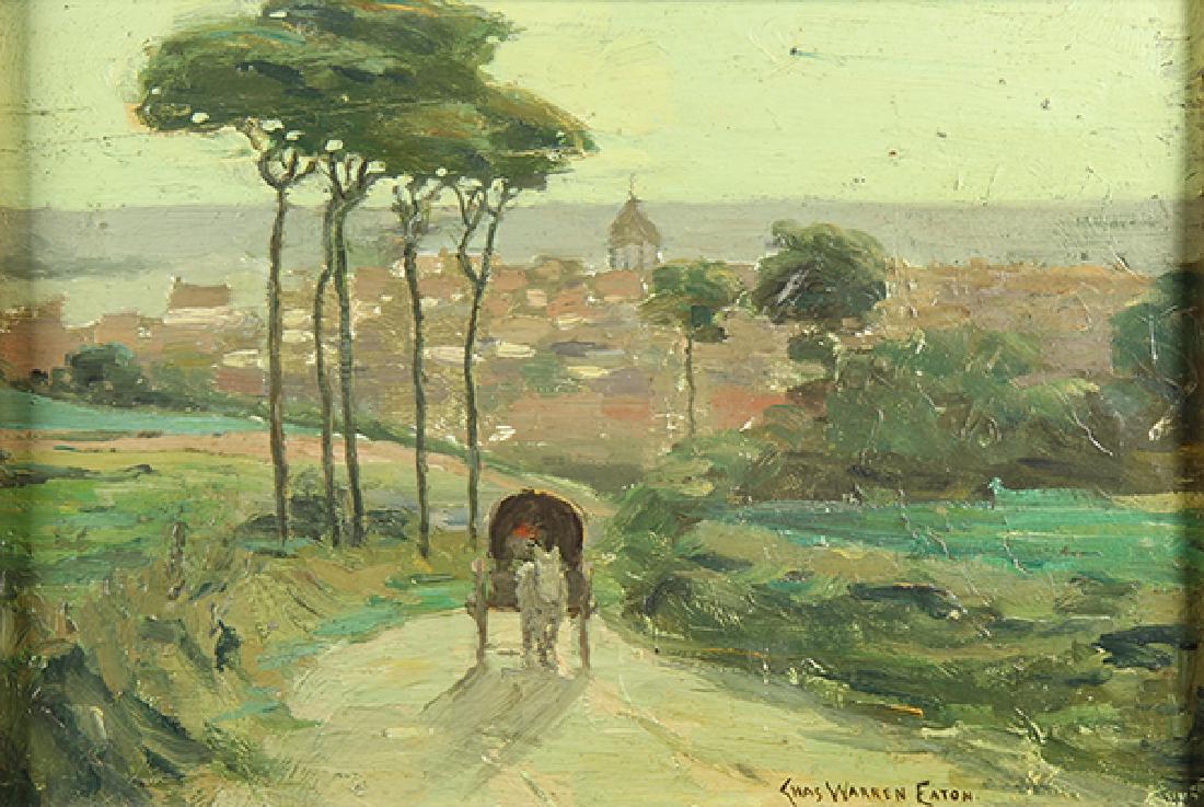Painting, Charles Warren Eaton: Charles Warren Eaton (American, 1857-1937), Horse and Wagon Leaving a Seaside Village, oil on panel, signed lower right, panel: 9"h x 13"w, overall (with frame): 15.75"h x 19.75"w