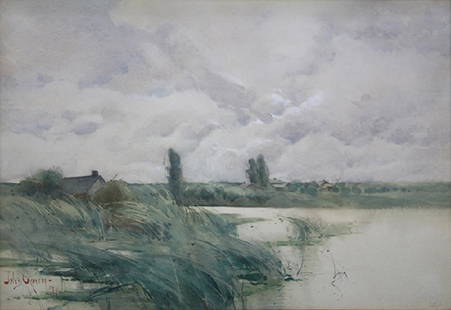 Painting, Jules Guerin: Jules Vallee Guerin (American, 1866-1946), Clouds Over the Marshes, 1891, watercolor, signed and dated lower left, sight: 14"h x 20.5"w, overall (with frame): 19"h x 25.25"w