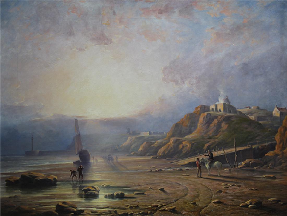 Painting, Lev Felixovich Lagorio: Lev Felixovich Lagorio (Russian, 1827-1905), Coastal Scene with Figures and Boats, oil on canvas, signed lower right, canvas: 23.25"h x 30.5"w, overall (with frame): 28.5"h x 35.25"w