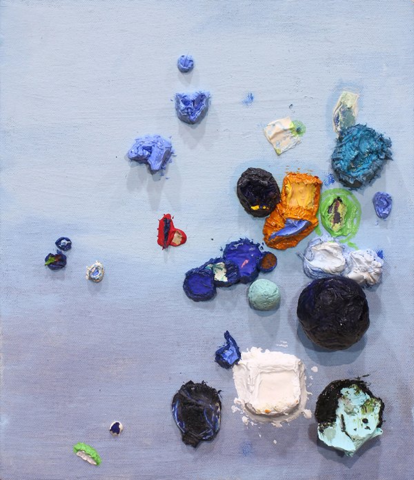 Painting, Michelle Fierro: Michelle Fierro (American, b. 1967), "Baby Blues in Question," 1995, oil and acrylic on canvas, signed, titled and dated verso, overall (unframed): 13"h x 11"w. Provenance: Private Collection, New Yor