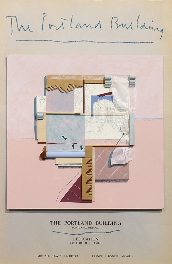 Mixed-Media, Michael Graves: Michael Graves (American, 1934-2015), "The Portland Building," 1982, mixed media collage on paper, pencil signed in center and dated, sight: 31"h x 19.5"w, overall (with frame):33.75"h x 23.25"w