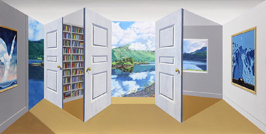 Work by Patrick Hughes: Patrick Hughes (British, b. 1939), "Personspective," 2003, oil on board construction, signed, titled and dated verso, overall: 24"h x 48"w x 8.5"d. Provenance: Estate of Thomas J. Perkins (Belvedere/S