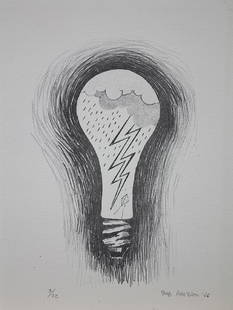 Print, Robert Arneson: Robert Arneson (American, 1930 - 1992) , Untitled (Lightbulb with Lightning), 1966, lithograph, edition 3/22, signed and dated lower right, sheet (overall/unframed): 12"h x 9"w