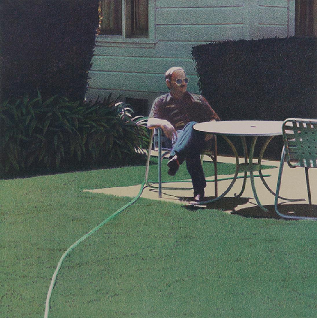 Print, Robert Bechtle: Robert Bechtle (American, b. 1932), Untitled, lithograph in colors, pencil signed lower right, edition 10/100, inscribed "To Wally" lower center, image: 14"h x 14"w, overall (with frame): 31.5"h x 27"