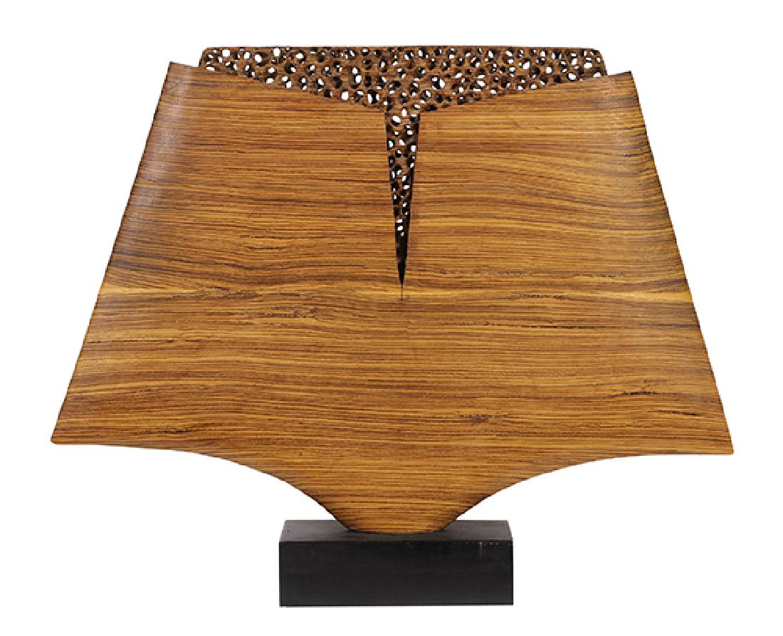 American studio zebra wood sculpture executed by Doug: American studio zebra wood sculpture executed by Doug Ayers, titled 'Zebrawood 7.28.78 Ayers', having an organic form, the naturalistic top with porous decoration having a stylized coral design, above
