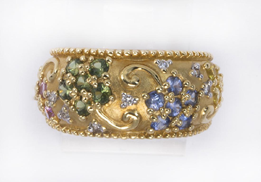 Multi-colored sapphire, diamond and 18k yellow gold: Multi-colored sapphire, diamond and 18k yellow gold ring featuring (22) round-cut blue, yellow, green and pink sapphires, weighing a total of approximately 1.30 cts., accented by (7) full-cut diamonds