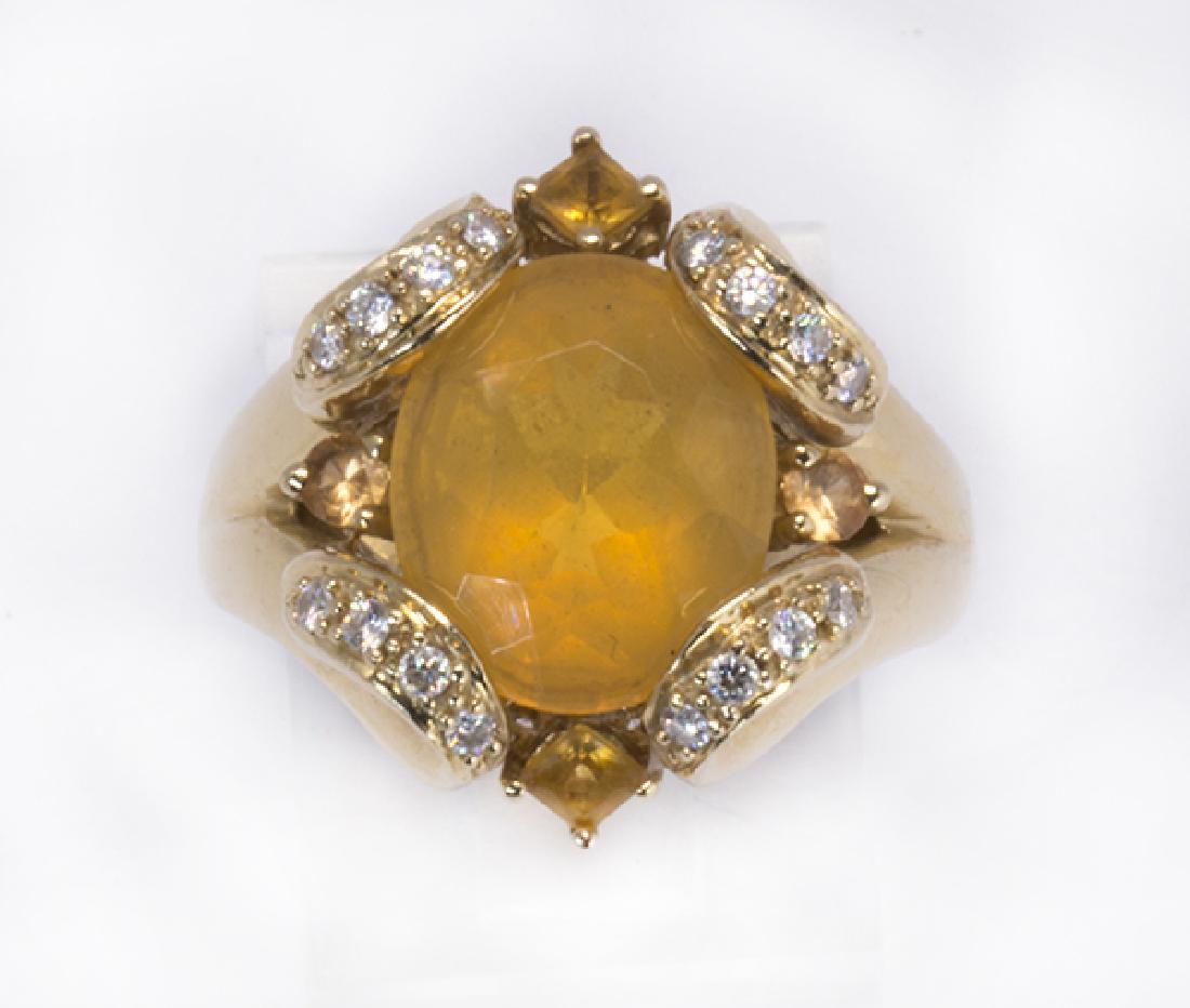 Fire opal, diamond and 14k yellow gold ring (1 of 3)