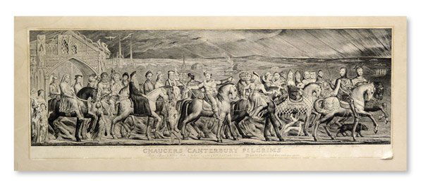 Engraving William Blake Canterbury: Unframed engraving, Chaucers Canterbury Pilgrims (ca. 1820-1823 or later) [Essick XVI, 5th state] by William Blake (British 1757-1827), sheet: 13 5/8''H x 37.5''W (no platemark). Condition: Laid down