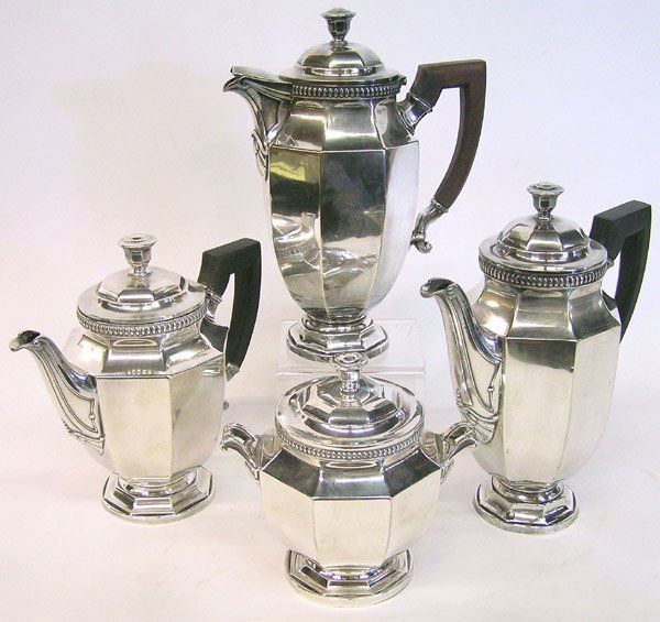 Art Deco Tea set: French Art Deco silverplate tea service consisting of a coffee pot, teapot, sugar bowl and milk jug c. 1935