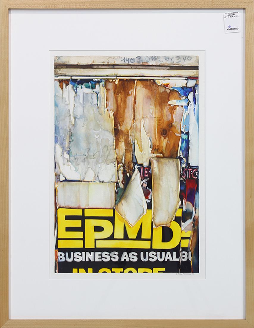 Watercolor, Kirk Pedersen: Kirk Pedersen (American, b. 1959), "EPMD," 1996, watercolor, signed and dated lower right, company labels (Nevada Museum of Art, Reno, Nevada/Absolute Fine Art Service, Santa Monica, California) affix