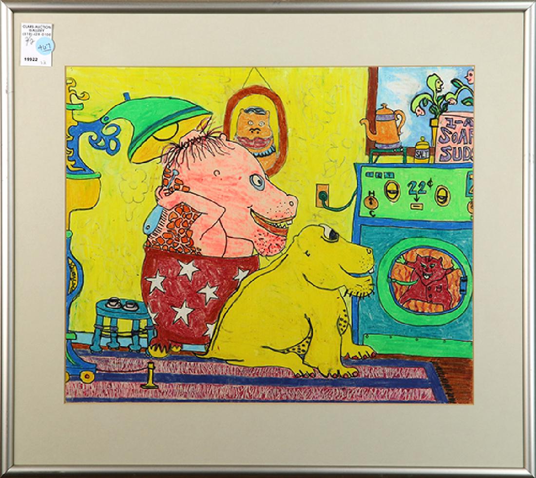 Drawings, Karen Warford: (Lot of 2) Karen Warford (American, 20th century), Elephant and Hippo, mixed medias on paper, each signed verso, largest overall (with frame): 19.75"h x 22.25"w