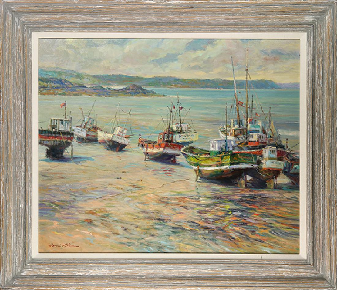 Painting, Patrick Ryan (Henri Plisson): Patrick Ryan (Henri Plisson) (American, 1934-2006), Harbor Scene, oil on canvas, signed lower left, overall (with frame): 32.5"h x 38"w