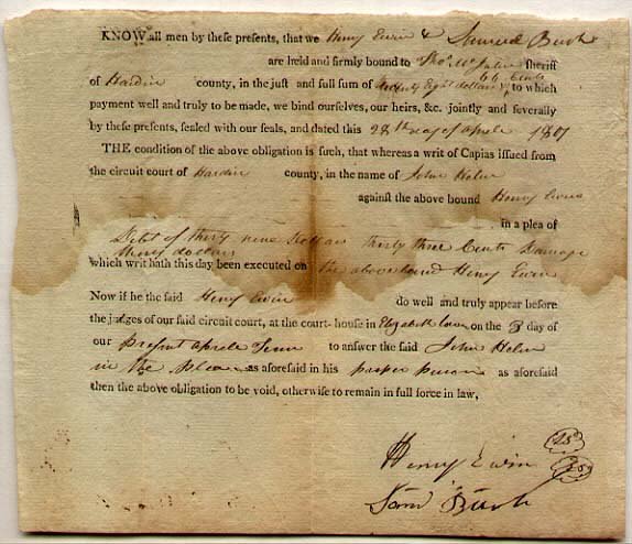 Uncle of Abraham Lincoln - 1807 Ky. Document: [KENTUCKY] SAM BUSH [b. 1772] brother of Sarah Bush, who became Abraham Lincoln's step-mother after the death of Nancy Hanks Lincoln. Samuel was the son of Christopher Bush, a farmer and constable of 