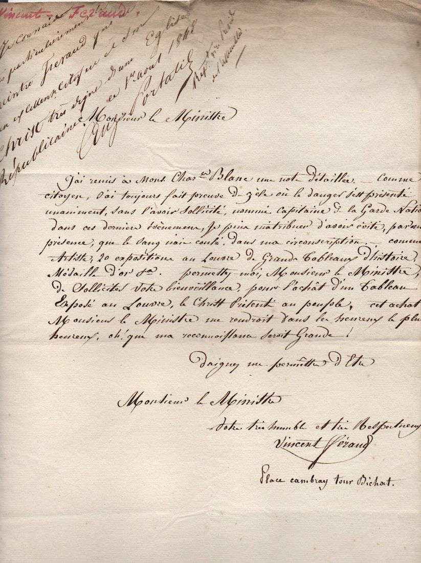 Vincent Ferraud (1800-1872) French painter: [ART] Vincent Ferraud (1800-1872) French painter. Letter to Minister saying he had 20 Expos in The Louve, etc. Count de Portalis writes 1848 note at top saying Feraud is a good citizen and painter and
