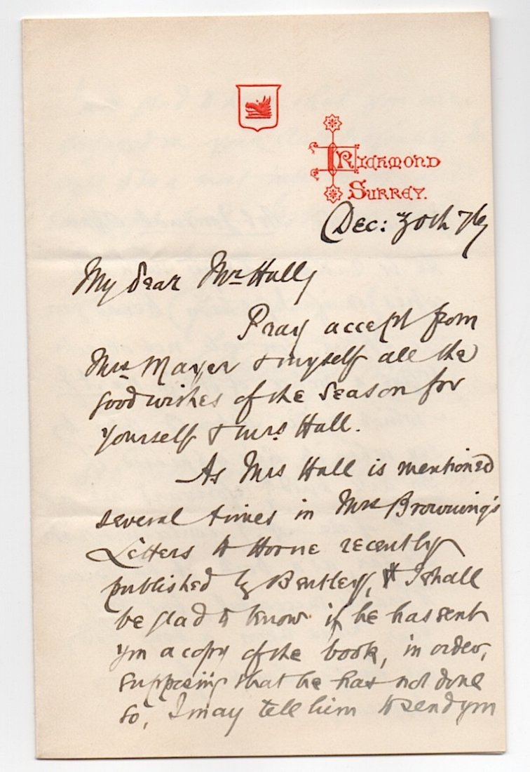 Founder of the Free and Open Church Association: Samuel Ralph Townshend Mayer (1841–1880), founder of the Free and Open Church Association and writer. Autograph Letter Signed, 1876, 3pages, to Samuel Carter Hall (1800-1889) the Irish-born Victoria
