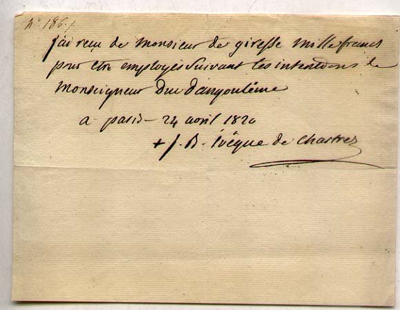 de Latil (1761-1839) French cardinal: [FRANCE] Jean-Baptiste de Latil (1761-1839) French cardinal. As Archbishop of Reims he anointed King Charles X in 1825. Brief ADS, 1820, signed as Archbishop of Chartres. Approx. 7-3/4 x 6".